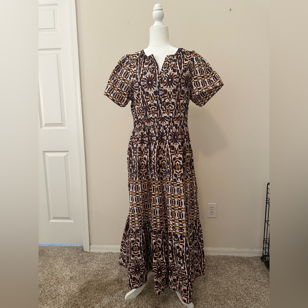 Maeve Anthropologie Somerset Short Sleeve Blue Orange Maxi Dress Ikat Sz LP